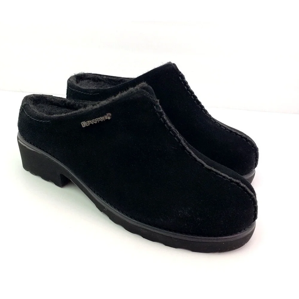 BearPaw Emily Womens Size 9 Black Suede Sheepskin Slip On Comfort Mule Shoes